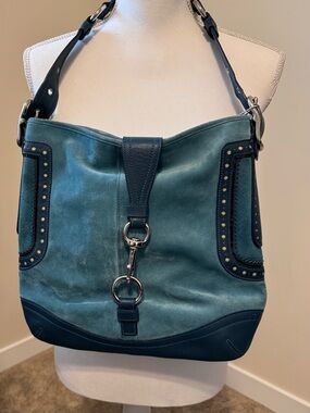 CoachTeal Suede Shoulder Bag with Silver Hardware and Leather Trim